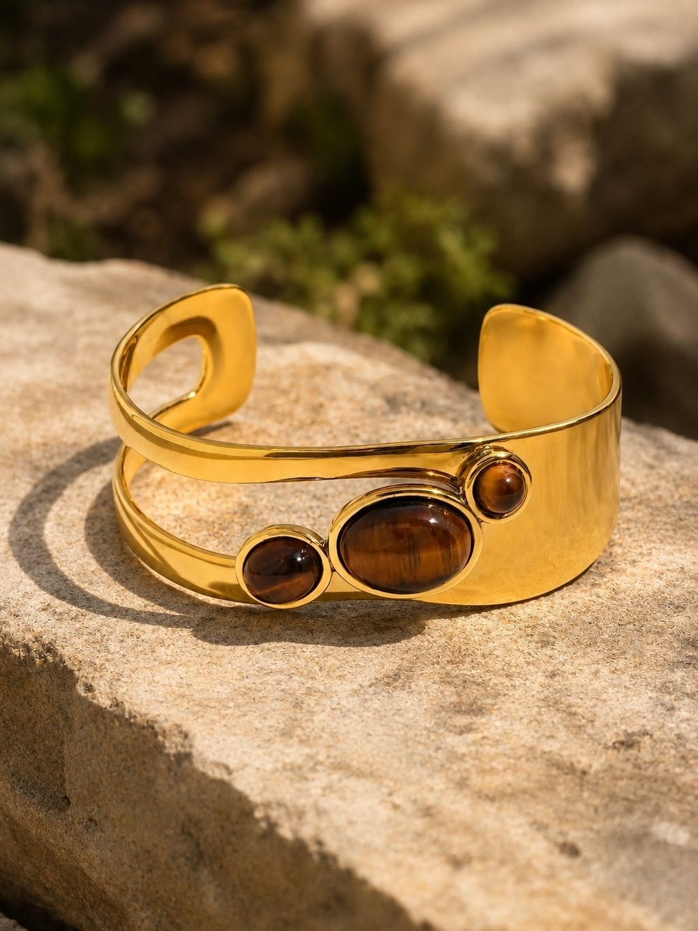 Gold-Tone Cuff with Brown Tiger Eye Cabochons